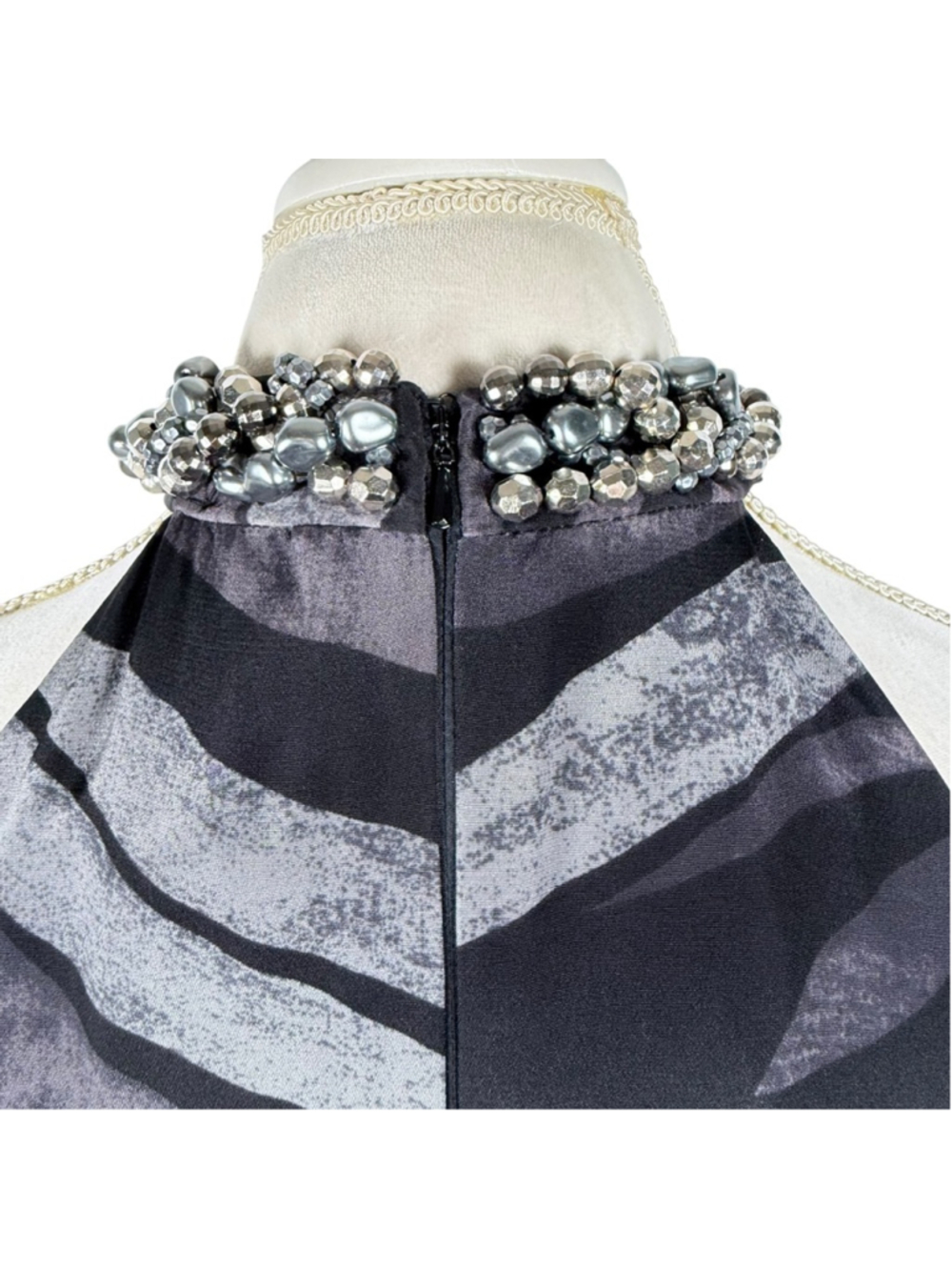 Carmen Marc Valvo Bead Halter Silk Dress Tropical Print Evening Cocktail Size 10 - Picture 6 of 12